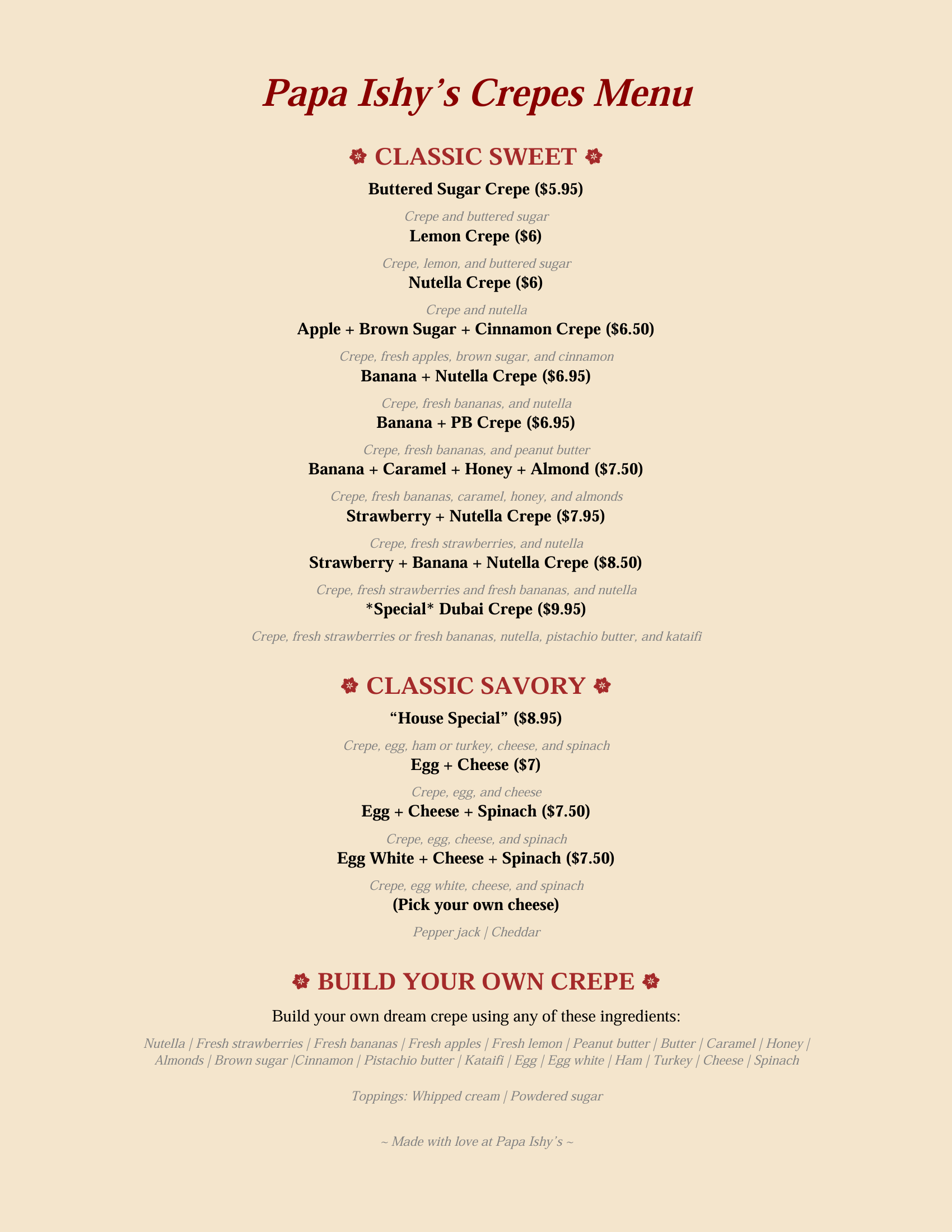 Papa Ishy's Crepes Menu